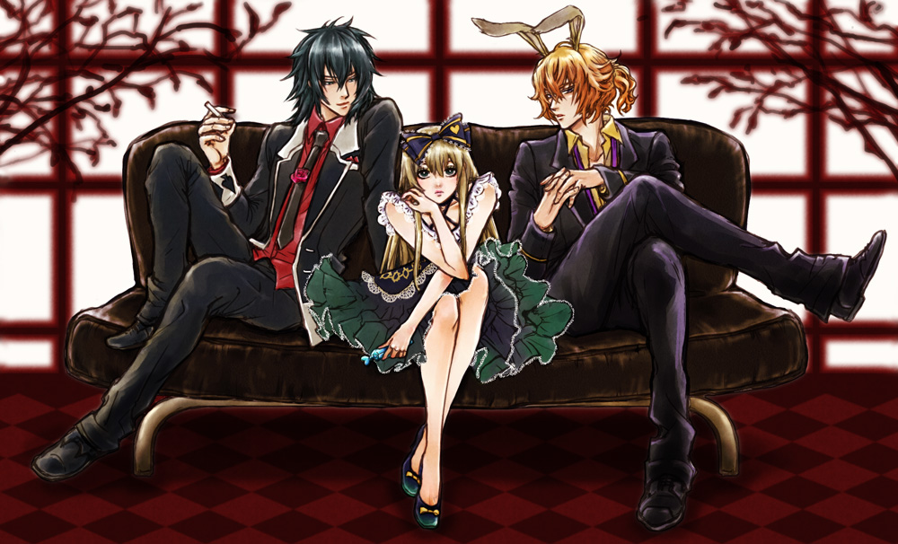 1girl, 2boys, alice_in_wonderland, alice_liddell, animal_ears, black_hair, blonde_hair, blood_dupre