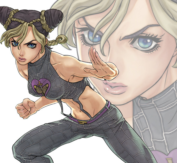 1girl, black_hair, blonde_hair, braid, double_bun, fighting_stance, jojo_no_kimyou_na_bouken, kuujou_jolyne