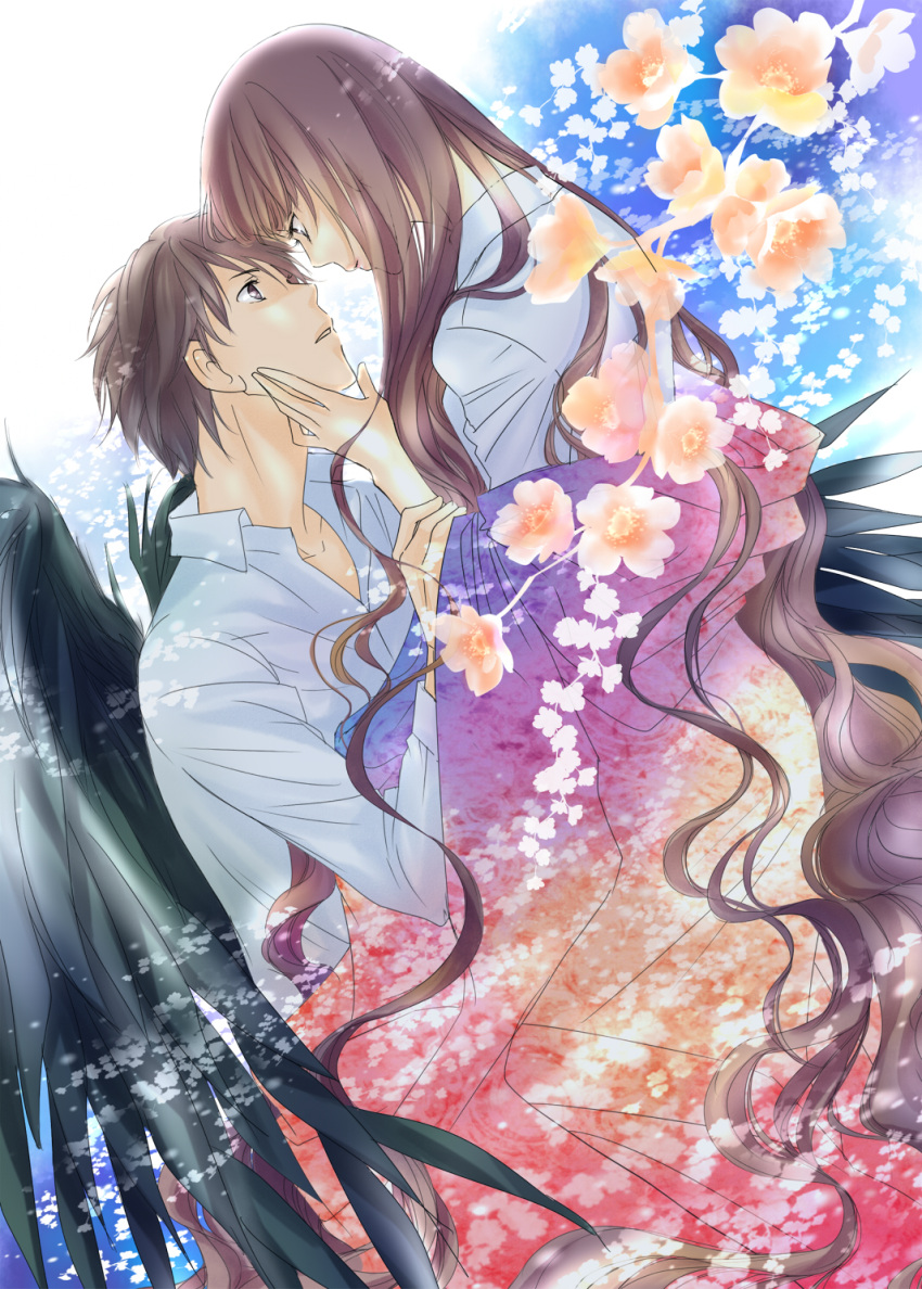 1boy, 1girl, black_hair, black_wings, brown_hair, eye_contact, flower, hand_on_another's_face