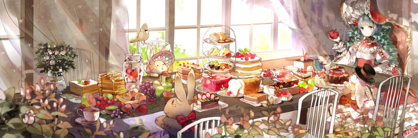 1girl, apple, armchair, banana, bird, bonnet, bow, bread, cake, chair, corset, cup, curtains, dress, flower, food, fruit, grapes, green_eyes, green_hair, hat, hatsune_miku, highres, indoors, jar, juliet_sleeves, long_hair, long_image, long_sleeves, looking_at_viewer, pancake, pie, puffy_sleeves, rabbit, red_upholstery, ringlets, rose, sheer_curtains, sitting, smile, strawberry, susu, table, tea, teacup, tiered_serving_stand, top_hat, umbrella, vase, vocaloid, wide_image, window