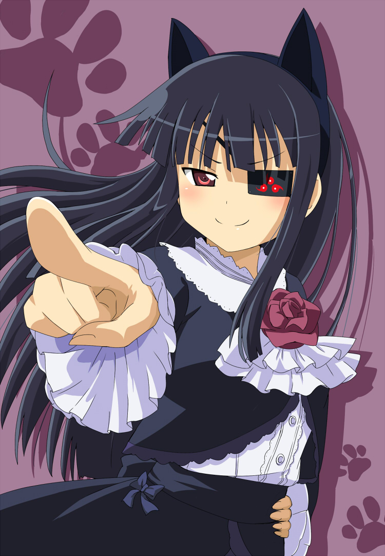 >:), 1girl, animal_ears, black_hair, bow, cat_ears, cosplay, dress