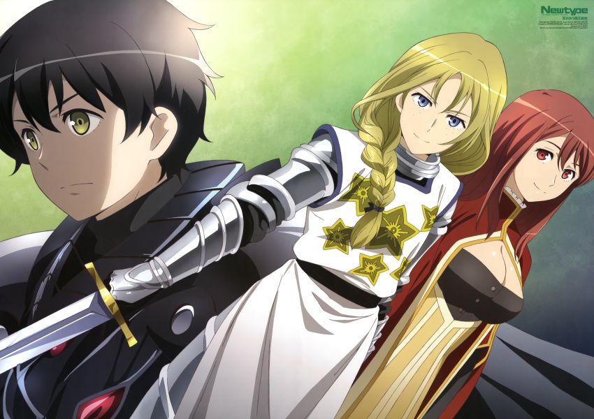 1boy, 2girls, absurdres, armor, braid, breasts, cleavage, freckles