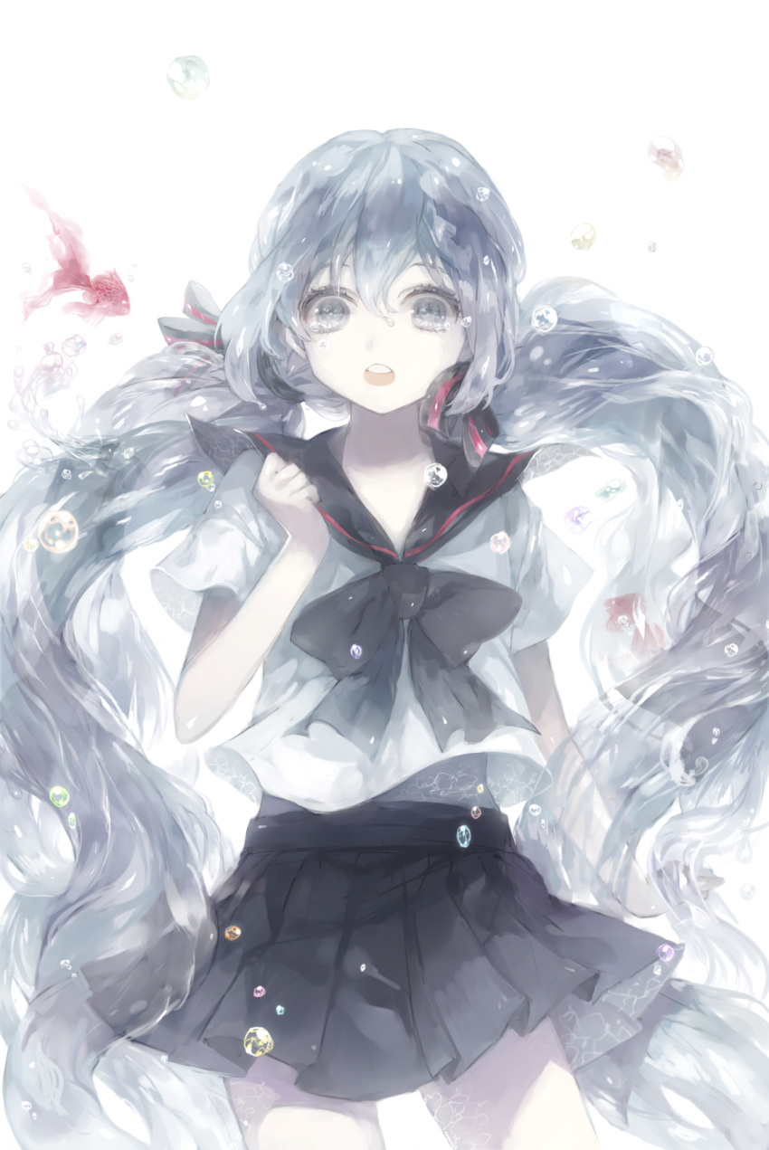 1girl, baikaouka, bottle_miku, bubble, fish, goldfish, hatsune_miku, highres, liquid_hair, long_hair, school_uniform, serafuku, twintails, vocaloid, water