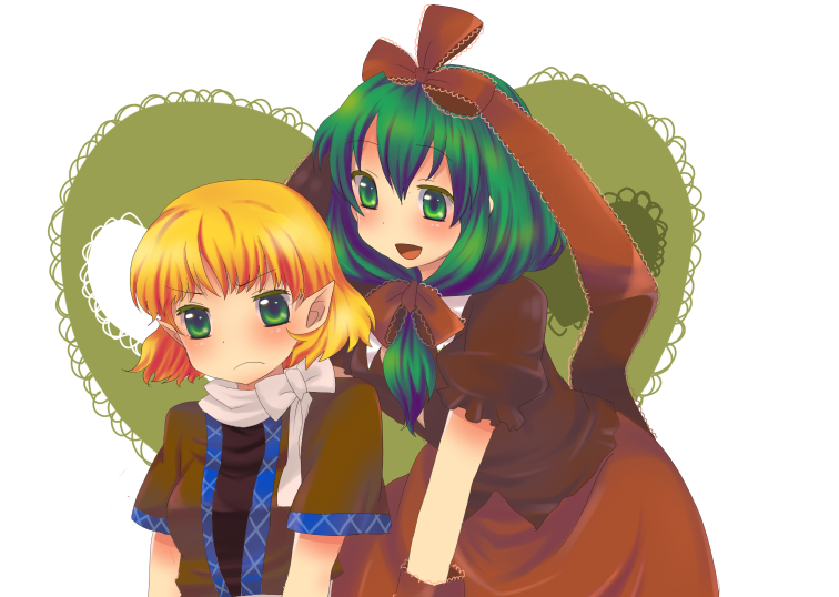blonde_hair, blush, bow, green_eyes, green_hair, hair_bow, hair_ribbon, heart