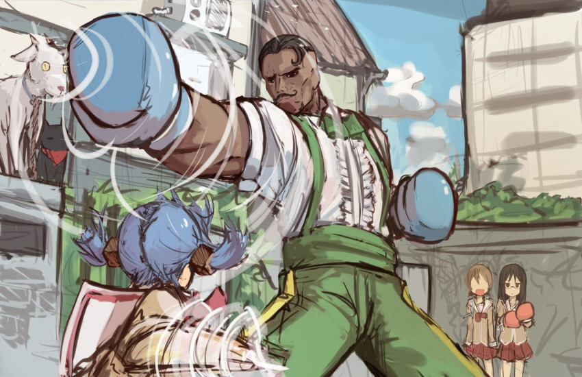 1boy, 3girls, aioi_yuuko, battle, black_hair, blue_hair, boxing_gloves, capcom