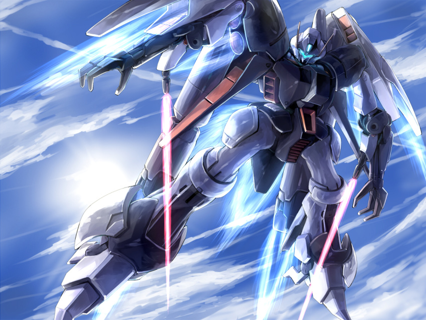 atsushi/hao, blue_sky, byalant_custom, claws, clouds, energy_sword, flying, glowing, gundam, gundam_unicorn, mecha, no_humans, sky, solo, sword, weapon