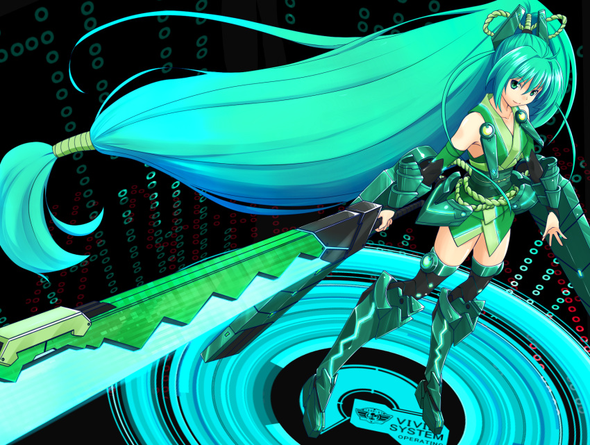 boots, green_hair, highres, sword, thigh-highs, tr-6, vividgreen, vividred_operation