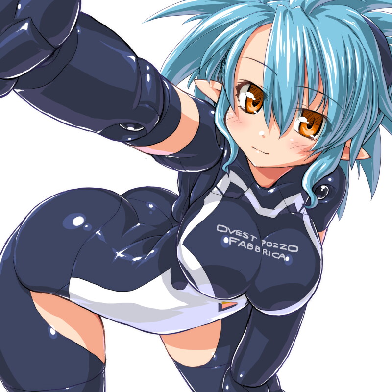 1girl, arched_back, ass, bent_over, blue_hair, blush, breasts, brown_eyes, busou_shinki, dd_(ijigendd), doll_joints, light_smile, looking_at_viewer, outstretched_arm, pointy_ears, proxima, simple_background, solo, white_background
