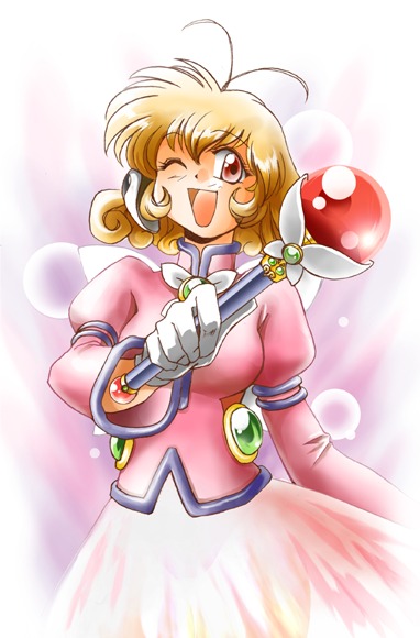 1girl, 90s, breasts, brooch, brown_eyes, brown_hair, corrector_yui, curly_hair