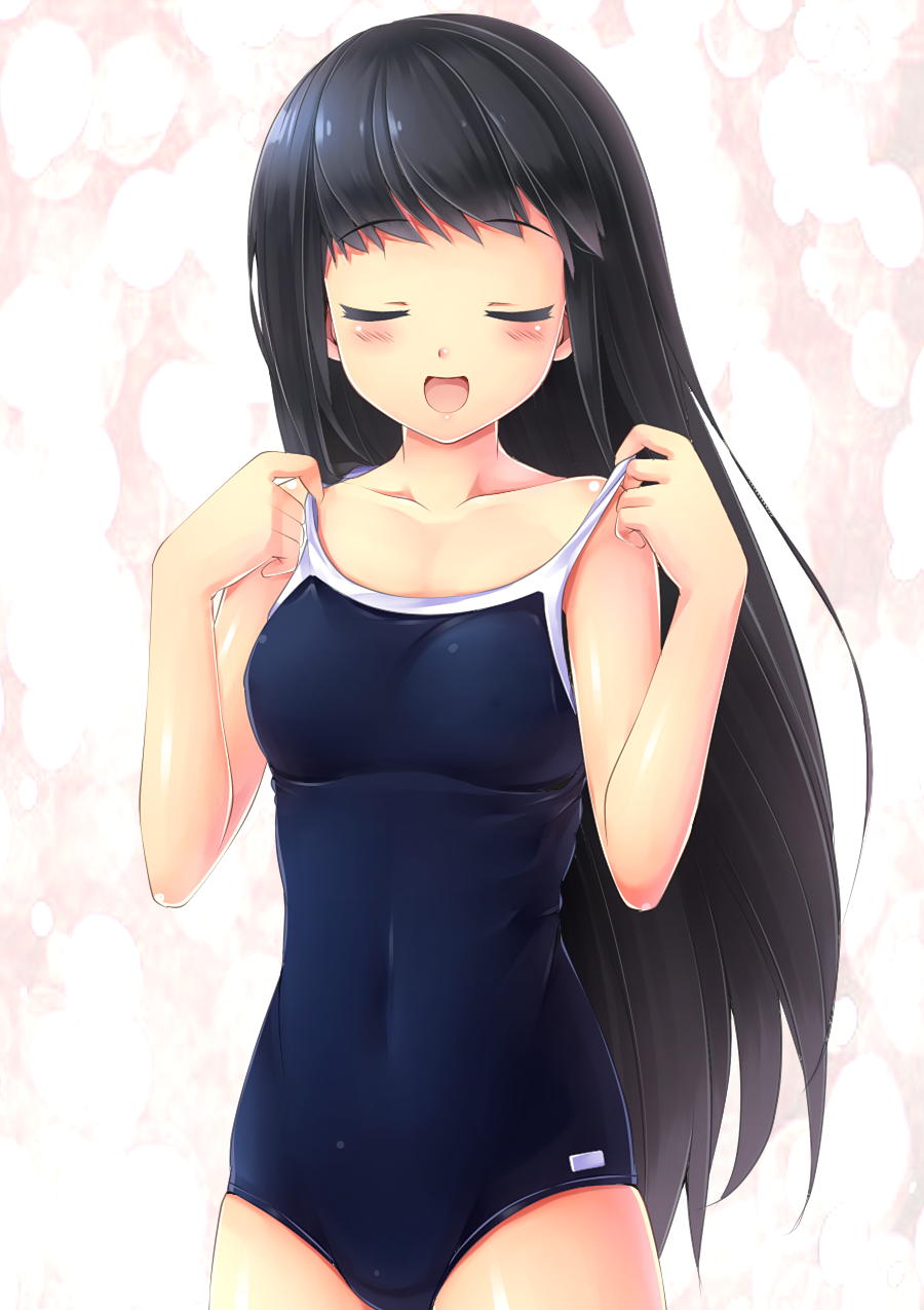 1girl, asai_ren, black_hair, closed_eyes, flat_chest, highres, komimiyako, long_hair, one-piece_swimsuit, power_pro_kun_pocket, power_pro_kun_pocket_12, school_swimsuit, small_breasts, solo, swimsuit