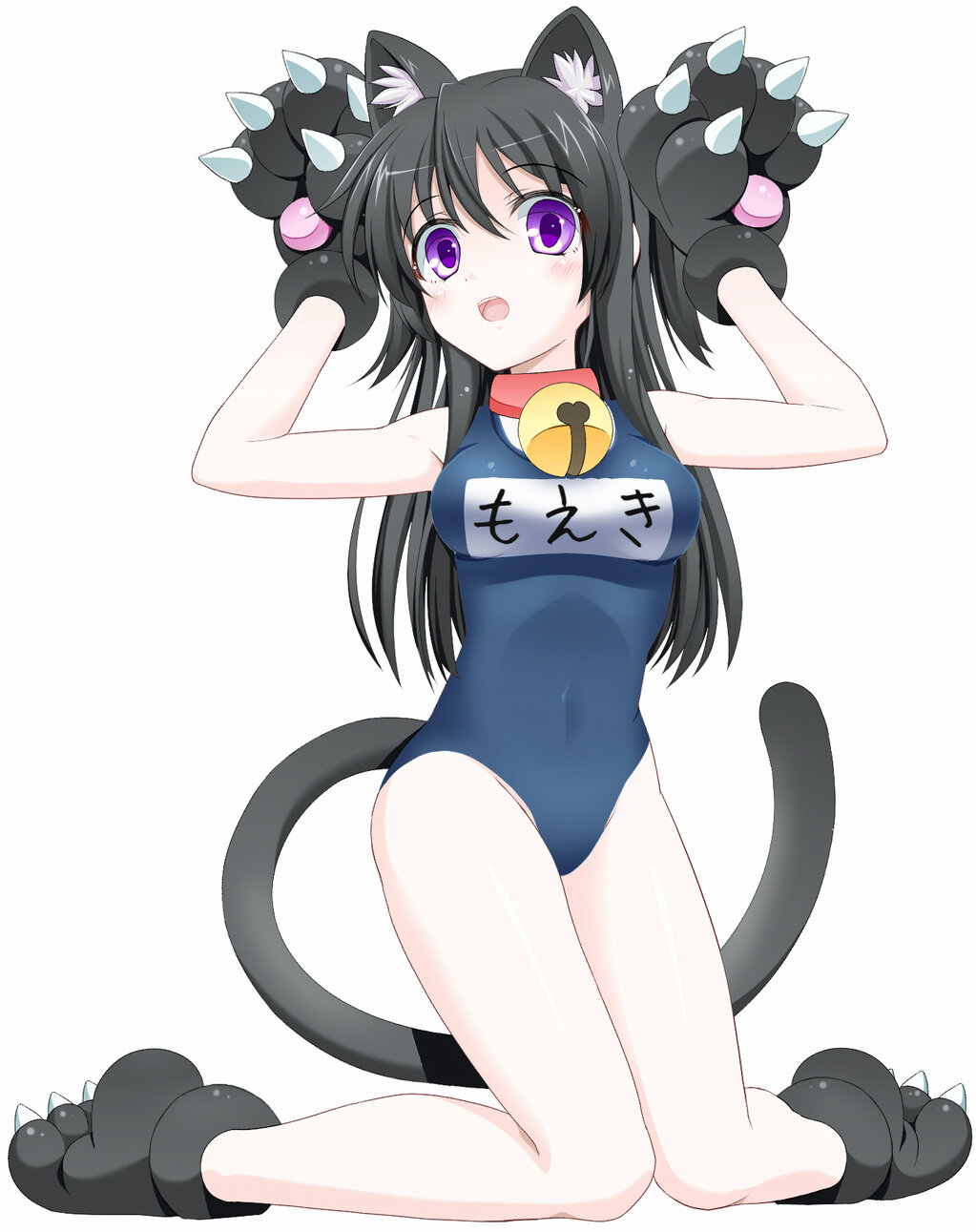1girl, animal_ears, bell, black_hair, cat_ears, cat_paws, cat_tail, highres