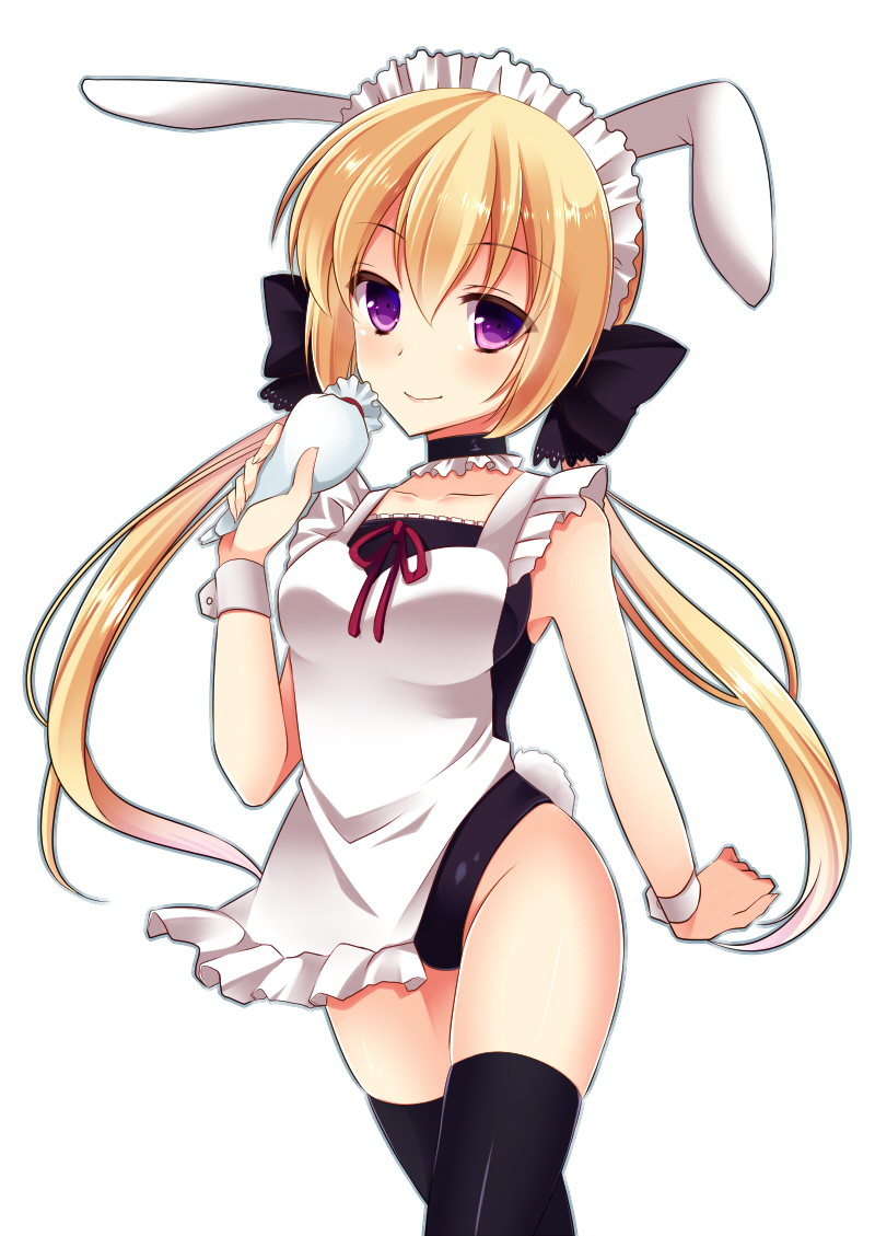 1girl, agekichi_(heart_shape), animal_ears, apron, black_legwear, blonde_hair, casual_one-piece_swimsuit, highleg