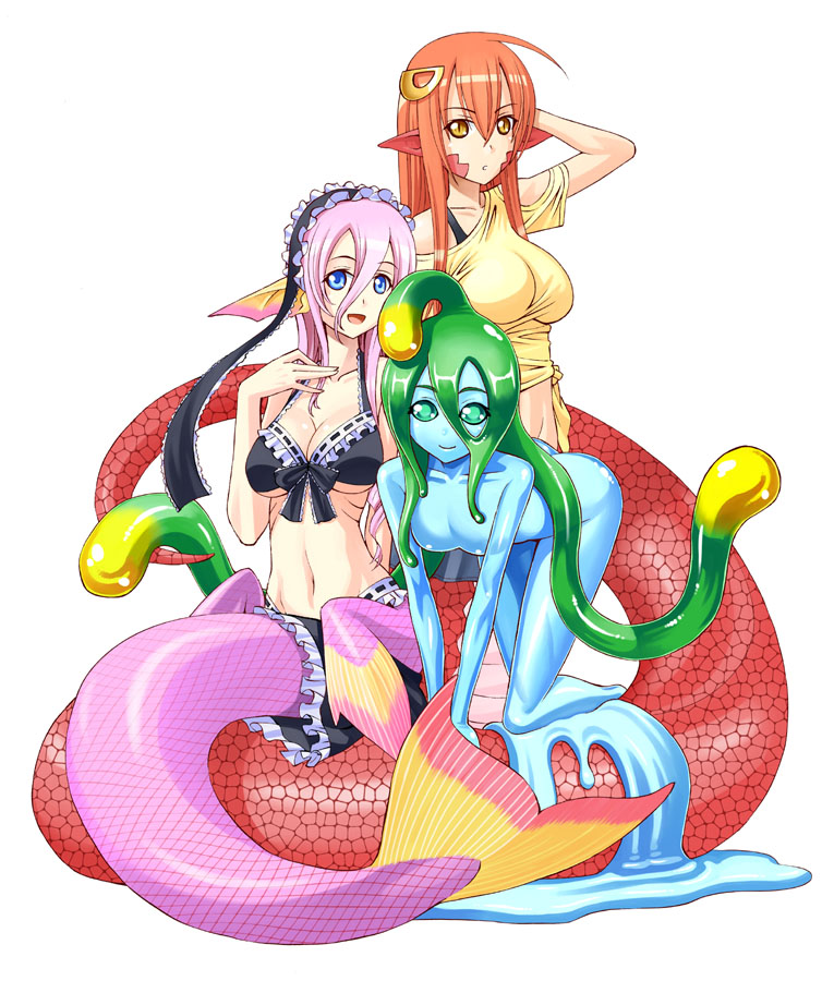 3girls, :d, all_fours, blue_eyes, breasts, cleavage, everyone, fish_tail