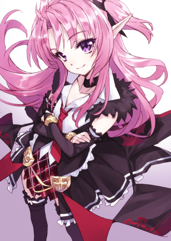 1girl, bad_id, bracelet, choker, crossed_arms, detached_sleeves, elf, fur_trim, garters, hair_ribbon, jewelry, light_smile, liliam_mcbarn, long_hair, matsuryuu, pastel_chime, pastel_chime_3, pink_hair, plaid, pointy_ears, ribbon, solo, thigh-highs, two_side_up, violet_eyes