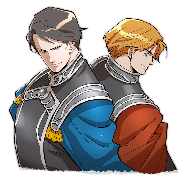 2boys, back-to-back, black_hair, blue_eyes, brown_hair, ginga_eiyuu_densetsu, heterochromia, homa_kura