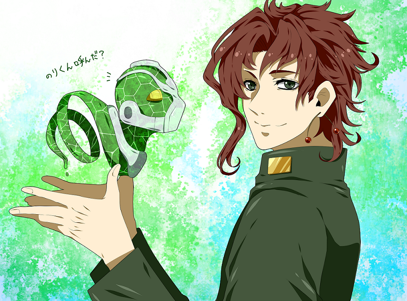 1boy, after_satellites, aji_(coastal_area), earrings, gakuran, green_eyes, hierophant_green, jewelry, jojo_no_kimyou_na_bouken, kakyouin_noriaki, male_focus, redhead, school_uniform, snake, solo, stand_(jojo)