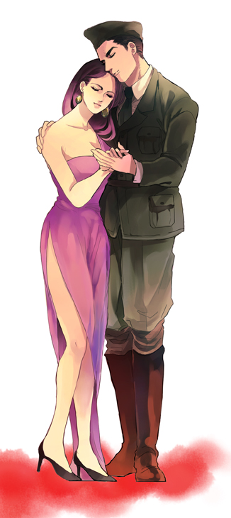 1girl, black_hair, boots, couple, dress, garrison_cap, george_joestar_ii, hat