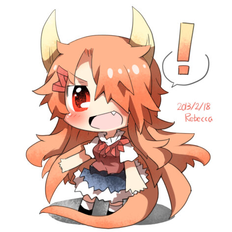 1girl, artist_name, blush, dated, dragon_girl, hair_ornament, hairclip, horns, long_hair, lowres, open_mouth, orange_hair, original, rebecca_(keinelove), red_eyes, shiranui_reika, smile, tail, wings