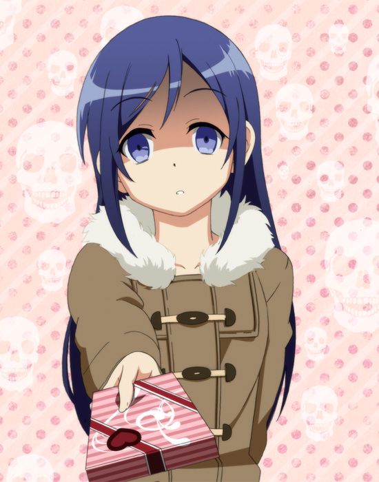 1girl, aragaki_ayase, black_hair, blue_eyes, crazy_eyes, hiro_23_kura, incoming_gift, lavoy_(kurakuro), long_hair, ore_no_imouto_ga_konna_ni_kawaii_wake_ga_nai, shaded_face, skull, solo, valentine, yandere