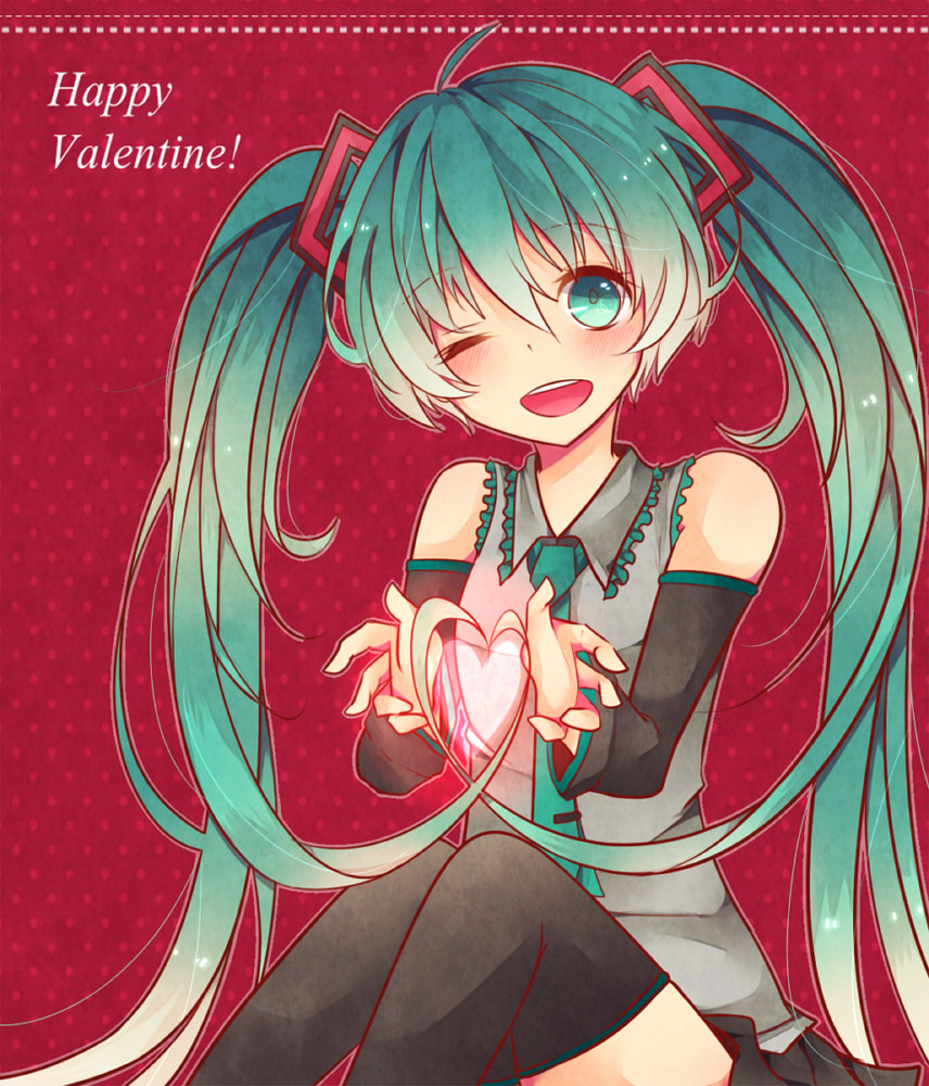 1girl, detached_sleeves, green_eyes, green_hair, hatsune_miku, heart, long_hair, necktie