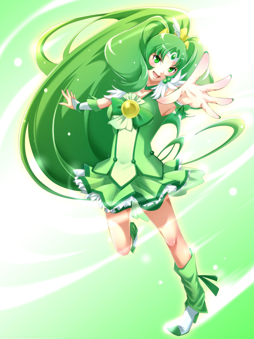 1girl, bike_shorts, boots, choker, cure_march, dress, green_dress, green_eyes, green_hair, green_nails, highres, long_hair, magical_girl, midorikawa_nao, nail_polish, nakoshe, ponytail, precure, shorts_under_skirt, skirt, smile, smile_precure!, solo, tiara, tri_tails, very_long_hair, wrist_cuffs