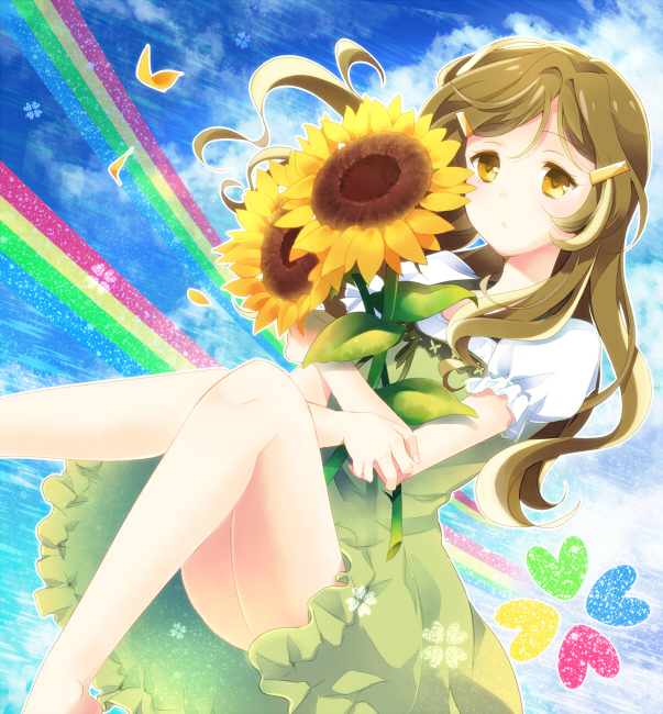 1girl, brown_hair, dress, flower, hair_ornament, hairclip, kokuro, legs
