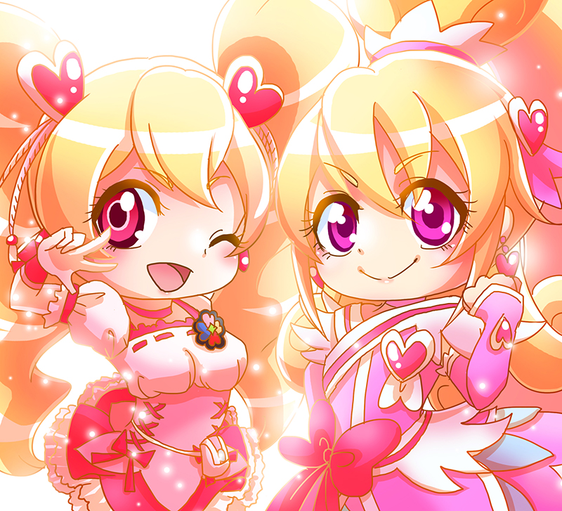 2girls, ;d, aida_mana, blonde_hair, blush, bow, color_connection, corset