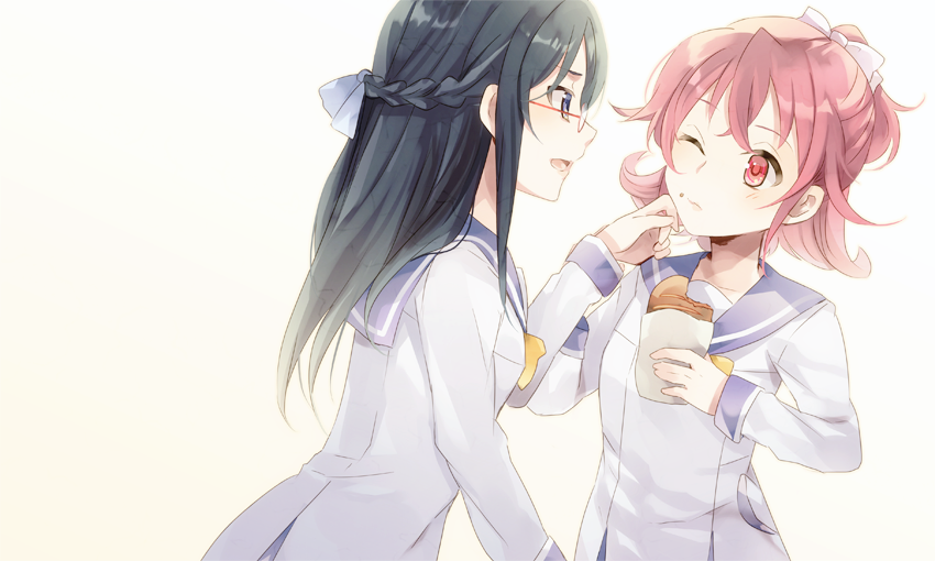 2girls, 88_(kimidori_midori), aida_mana, backlighting, bad_id, black_eyes, black_hair, braid