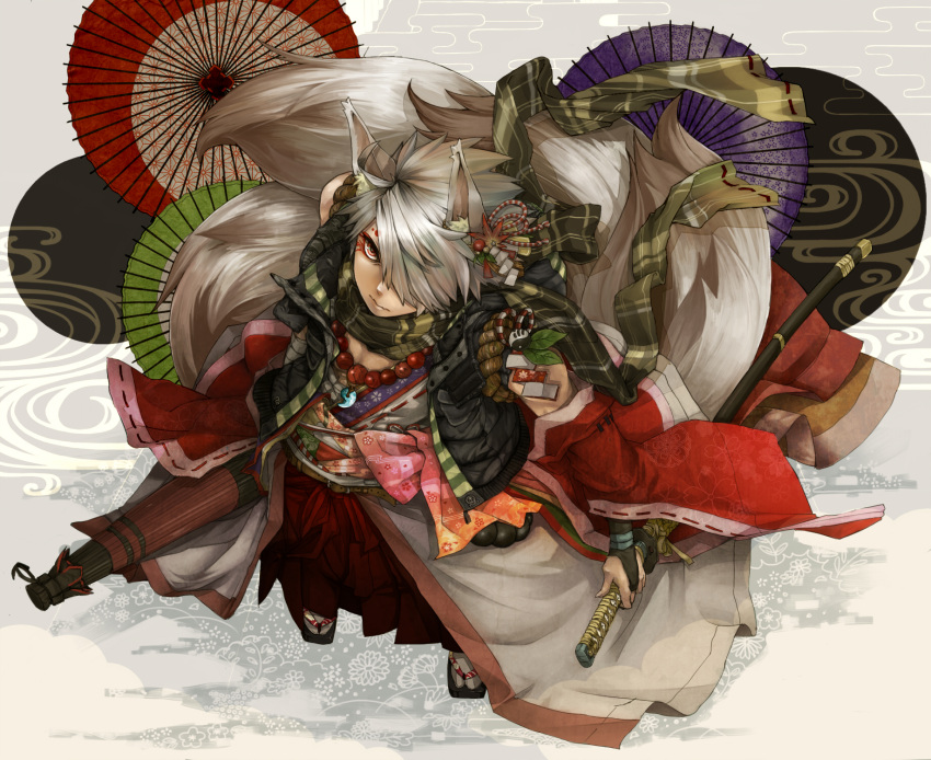 1girl, animal_ears, asa_no_ha_(pattern), bad_id, beads, belt, closed_umbrella, egasumi