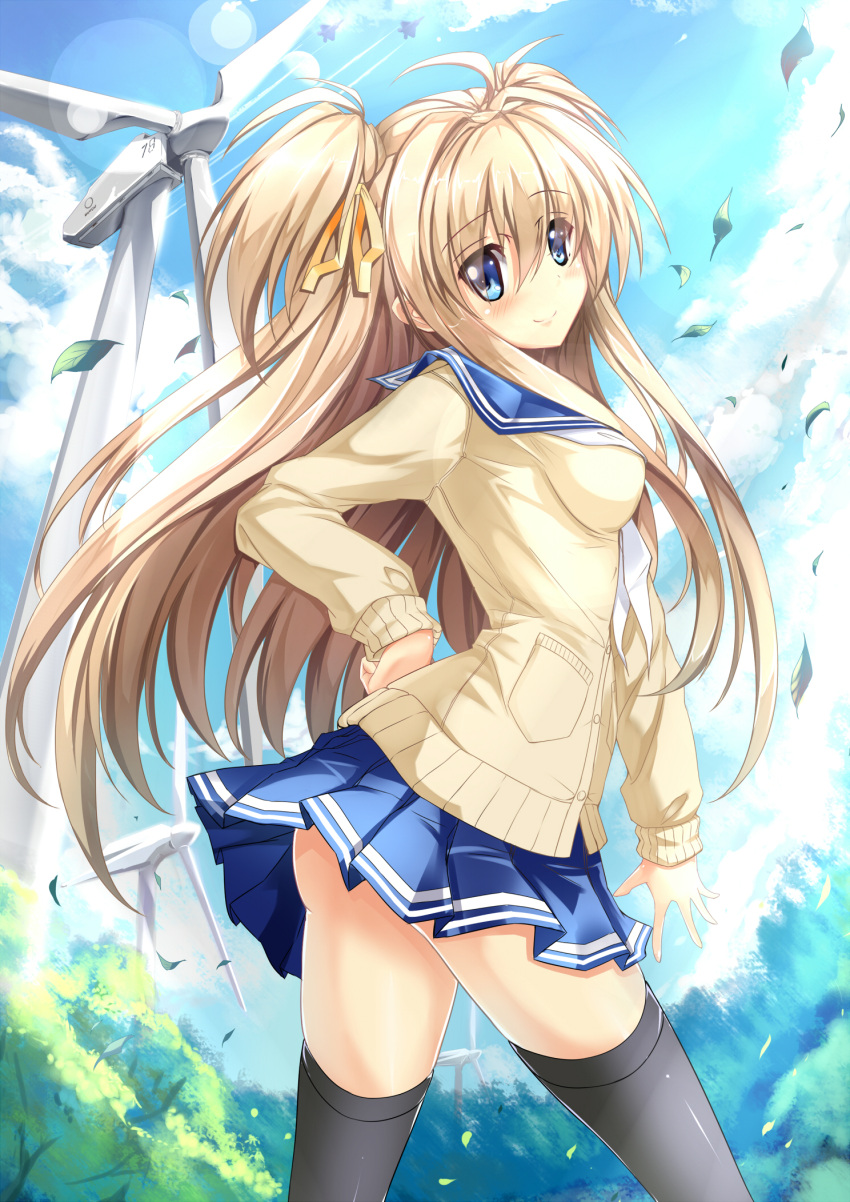 1girl, airplane, black_legwear, blonde_hair, blue_eyes, hair_ribbon, highres, jet