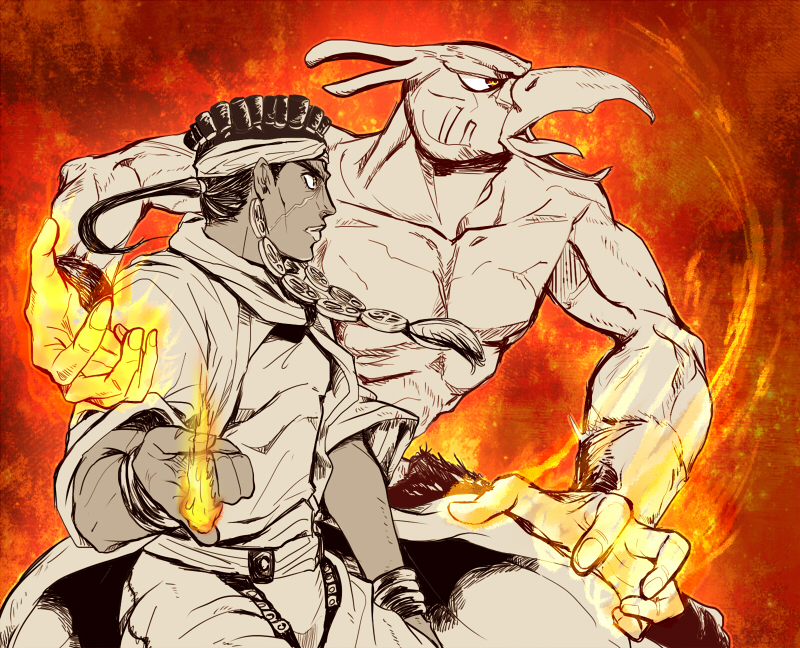 1boy, 2boys, beak, dark_skin, dark_skinned_male, fire, jewelry, jojo_no_kimyou_na_bouken, magician's_red, male_focus, mohammed_avdol, multiple_boys, necklace, pyo-ma-ru-ninnin, stand_(jojo)