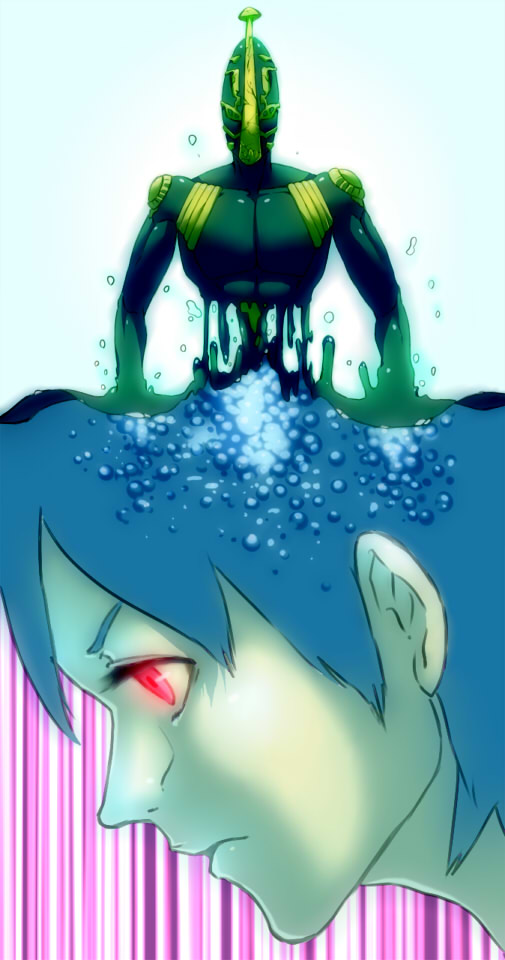 1girl, dual_persona, foo_fighters, foo_fighters_(stand), glowing, glowing_eyes, green_hair, green_skin