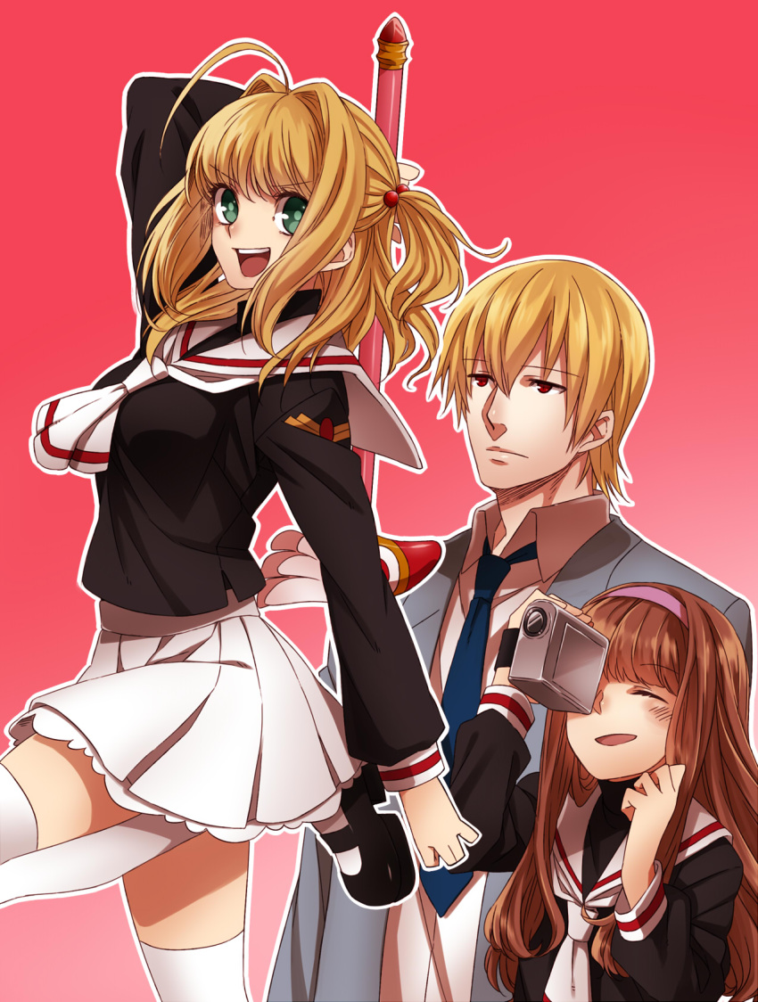 1boy, 2girls, :d, ^_^, ahoge, blazer, blonde_hair, blush