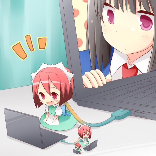 4girls, akasaka_ryuunosuke, black_hair, cable, computer, laptop, maid-chan_(sakura-sou), multiple_girls