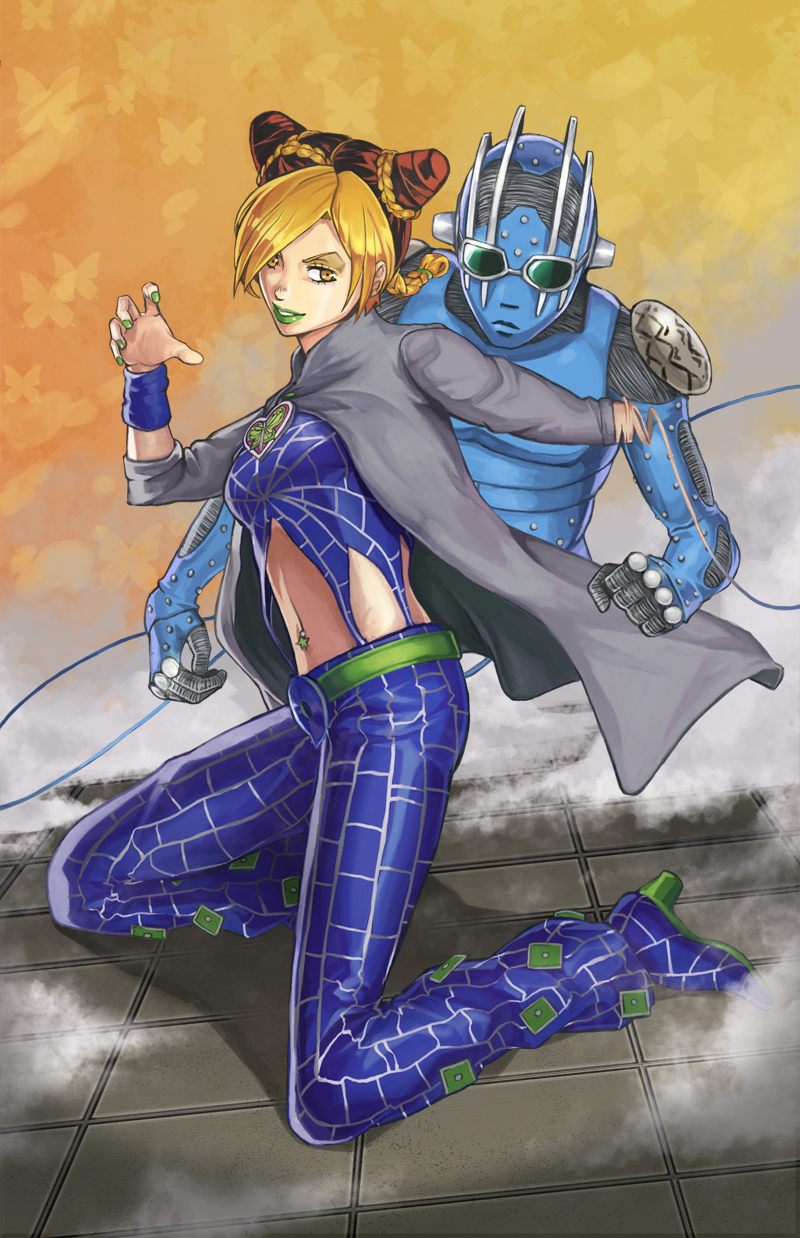 2girls, blonde_hair, braid, brown_hair, double_bun, highres, jacket, jojo_no_kimyou_na_bouken