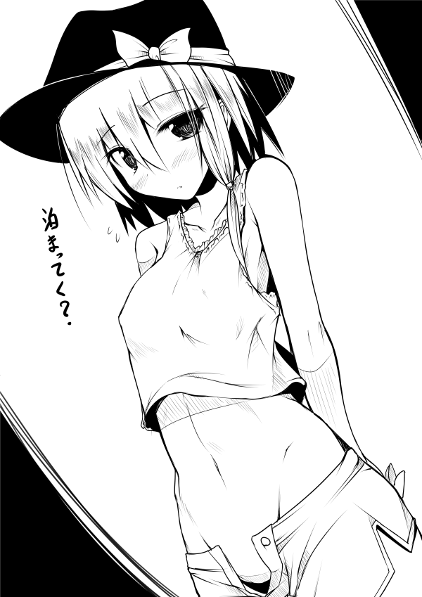 1girl, ai_takurou, alternate_costume, arms_behind_back, bare_shoulders, blush, female, groin, hat, hat_ribbon, looking_at_viewer, monochrome, mound_of_venus, no_panties, ribbon, shorts, solo, tank_top, touhou, usami_renko