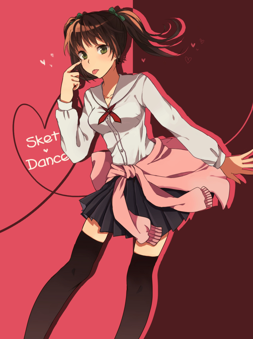 1girl, agata_saaya, akanbe, bow, brown_hair, clothes_around_waist, green_eyes, heart