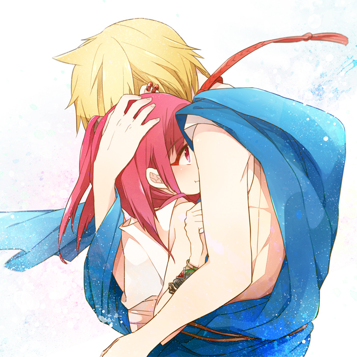 1boy, 1girl, 310_(satopoppo), ali_baba_saluja, blonde_hair, hug, long_hair, magi_the_labyrinth_of_magic