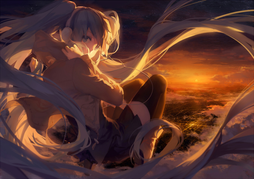 1girl, blue_eyes, blue_hair, cityscape, clouds, floating_hair, glow_(vocaloid), hatsune_miku, headphones, long_hair, looking_at_viewer, looking_back, pleated_skirt, rella, revision, skirt, sky, solo, sunset, thigh-highs, twintails, very_long_hair, vocaloid, zettai_ryouiki