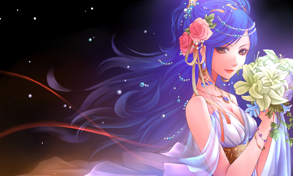 1girl, blue_hair, bouquet, bracelet, dress, flower, jewelry, lips
