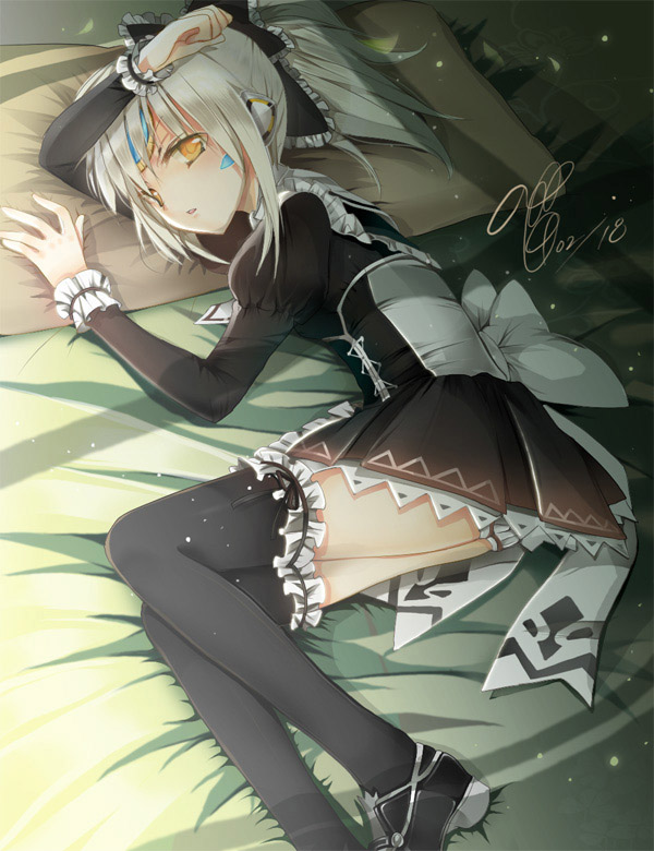 1girl, alternate_hairstyle, bad_id, black_dress, black_legwear, corset, dress, elsword