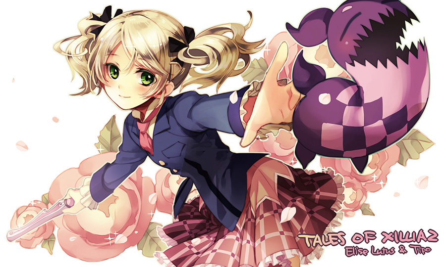 1girl, bad_id, blazer, blonde_hair, character_name, copyright_name, doll, dress, elize_lutus, floral_background, flower, green_eyes, jacket, maro_(nikeneko523), necktie, pink_dress, pink_necktie, pink_rose, pink_skirt, plaid, plaid_skirt, rose, short_hair, skirt, smile, tales_of_(series), tales_of_xillia, tales_of_xillia_2, tipo, twintails