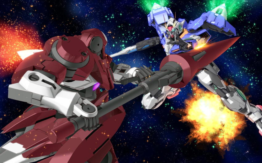 00_gundam, 3d, asteroid, beam_rifle, blue_eyes, energy_gun, glowing, glowing_eyes, gn-x_iii, green_eyes, gun, gundam, gundam_00, highres, mecha, mobile_suit, no_humans, space, star_(sky), sword, weapon, zefai