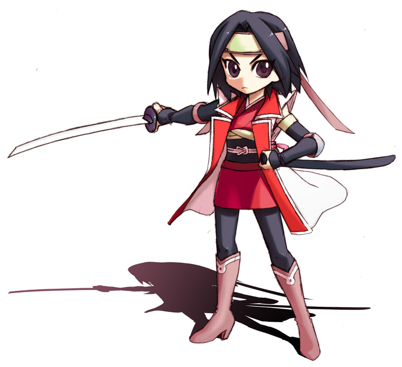 black_hair, boots, cape, dadamdow, elbow_gloves, gloves, headband, japanese_clothes