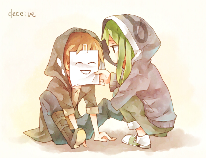 1boy, 1girl, brown_hair, green_hair, hood, hoodie, kagerou_project, kano_(kagerou_project)