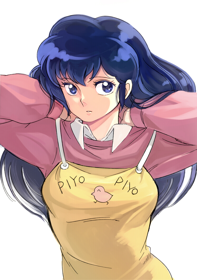 1girl, 80s, apron, arms_behind_head, blue_eyes, blue_hair, long_hair, maison_ikkoku, nekogasuki, oldschool, otonashi_kyouko, simple_background, solo, white_background