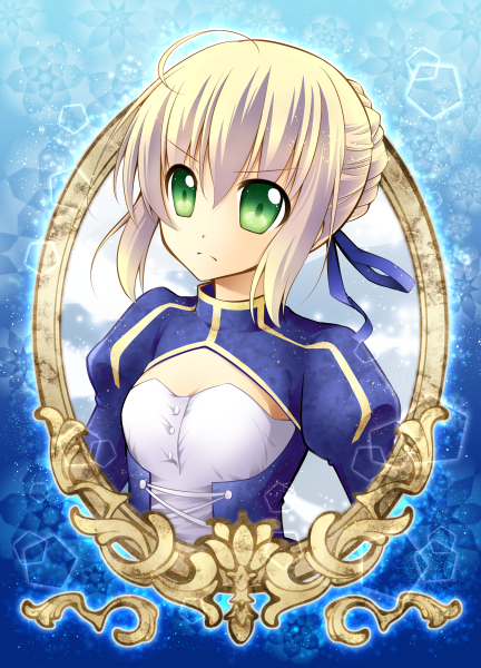 1girl, ahoge, blonde_hair, dress, fate/stay_night, fate_(series), green_eyes, saber
