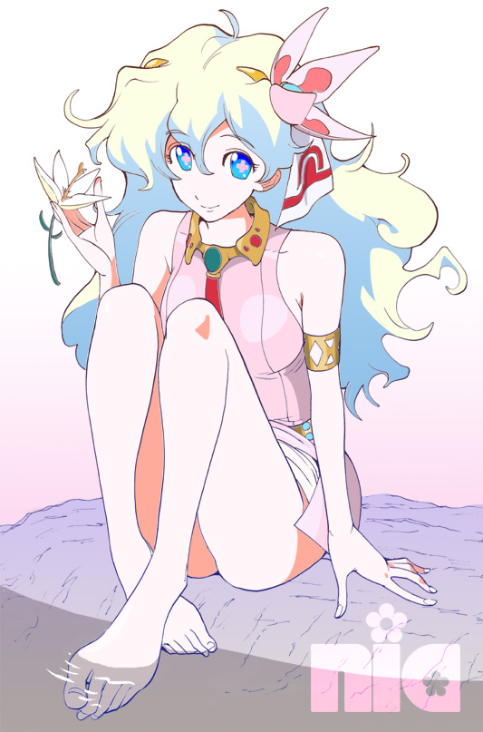 +_+, 1girl, armlet, bare_shoulders, barefoot, blue_eyes, character_name, feet