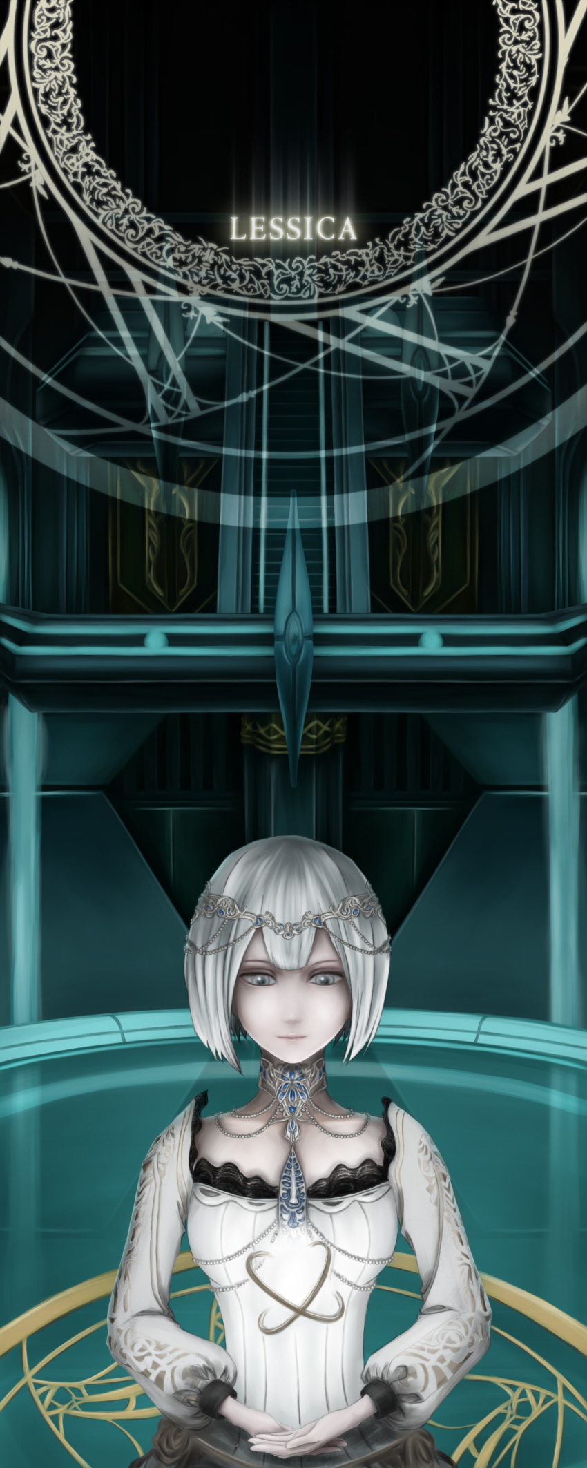 1girl, absurdres, bangs, bare_shoulders, blunt_bangs, chaos_rings, chaos_rings_ii, character_name, choker, circlet, dress, energy_ball, grey_eyes, highres, lessica_(chaos_rings), light_smile, momentre, short_hair, silver_hair, symmetry, white_dress