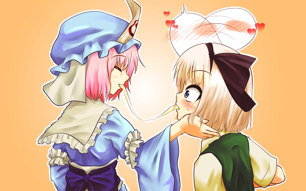 2girls, blue_eyes, blush, closed_eyes, female, ghost, hairband, hand_on_another's_face